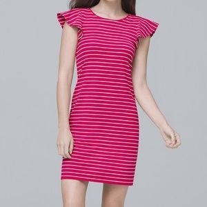 WHBM FLOUNCE-SLEEVE STRIPE KNIT SHIFT DRESS